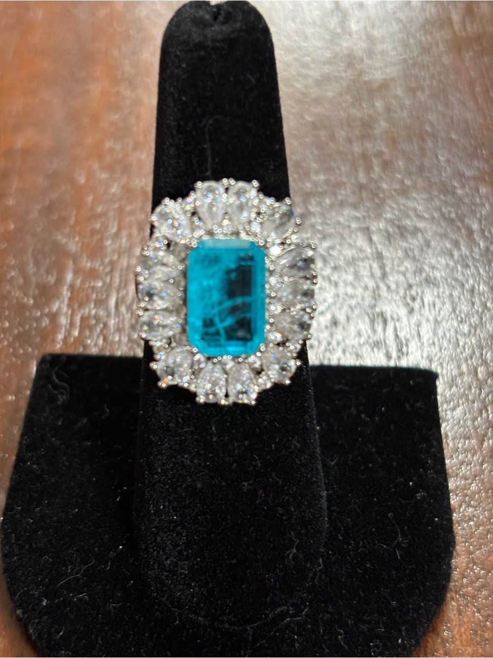 Turquoise Emerald-Cut Halo Ring - Women Jewelry. Size 6.